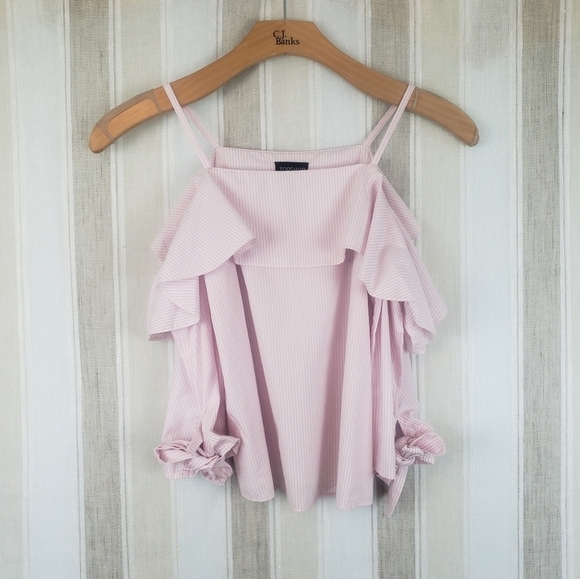 Topshop Pinstripe Cold Shoulder Top Pink Size‎ 4 - Picture 1 of 9